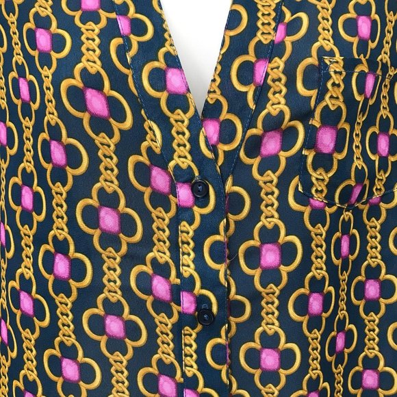 NWT Larsen Gray Womens Black Chain Print Button Front Blouse Size M - Picture 3 of 7